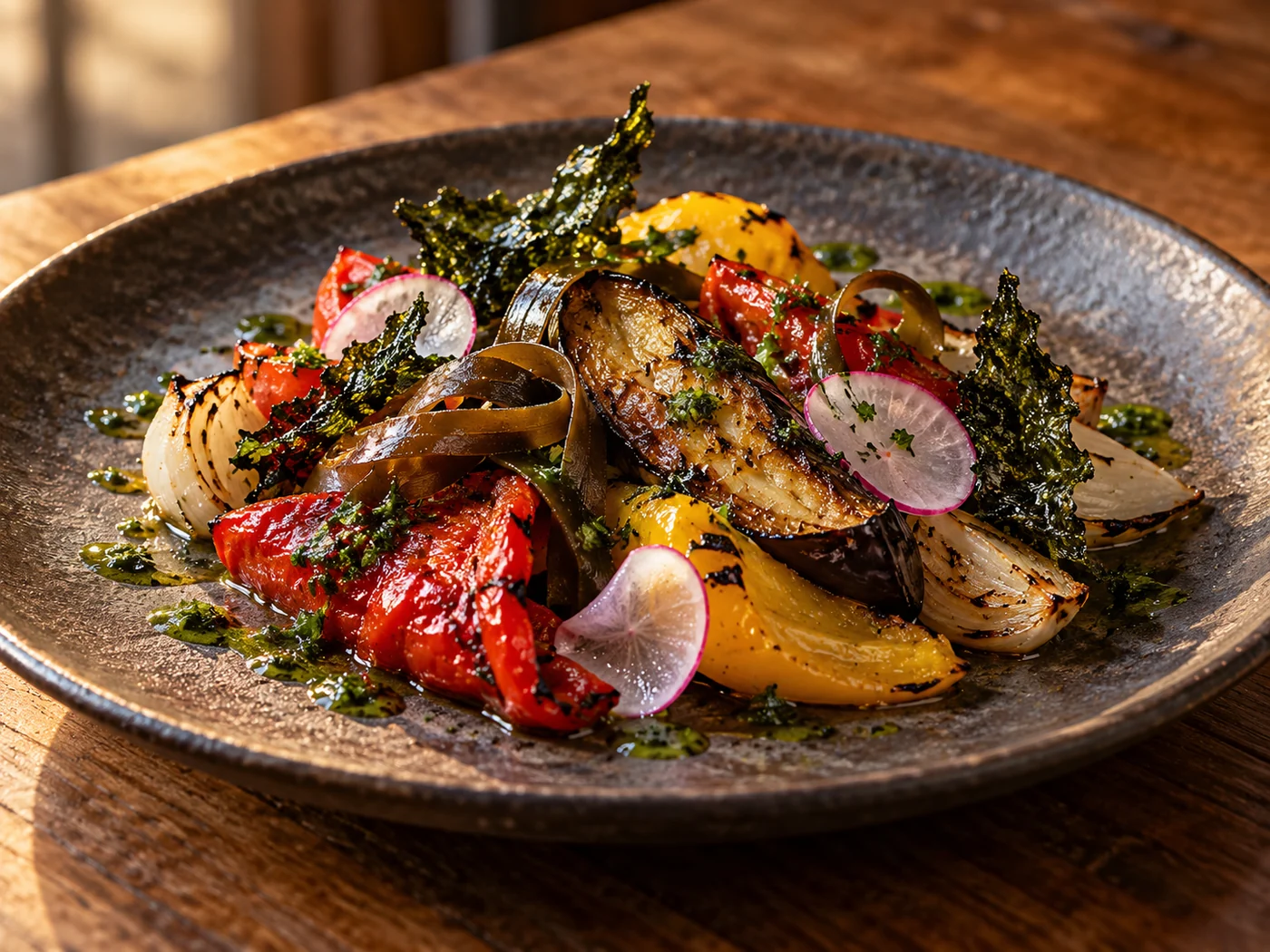 Illustrative image of austral escalivada with roasted vegetables, seaweed and radishes