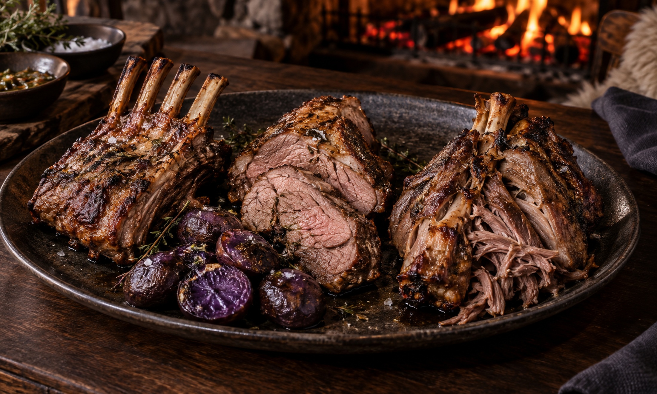Rack, leg and shoulder of Magellanic lamb served beside the hearth